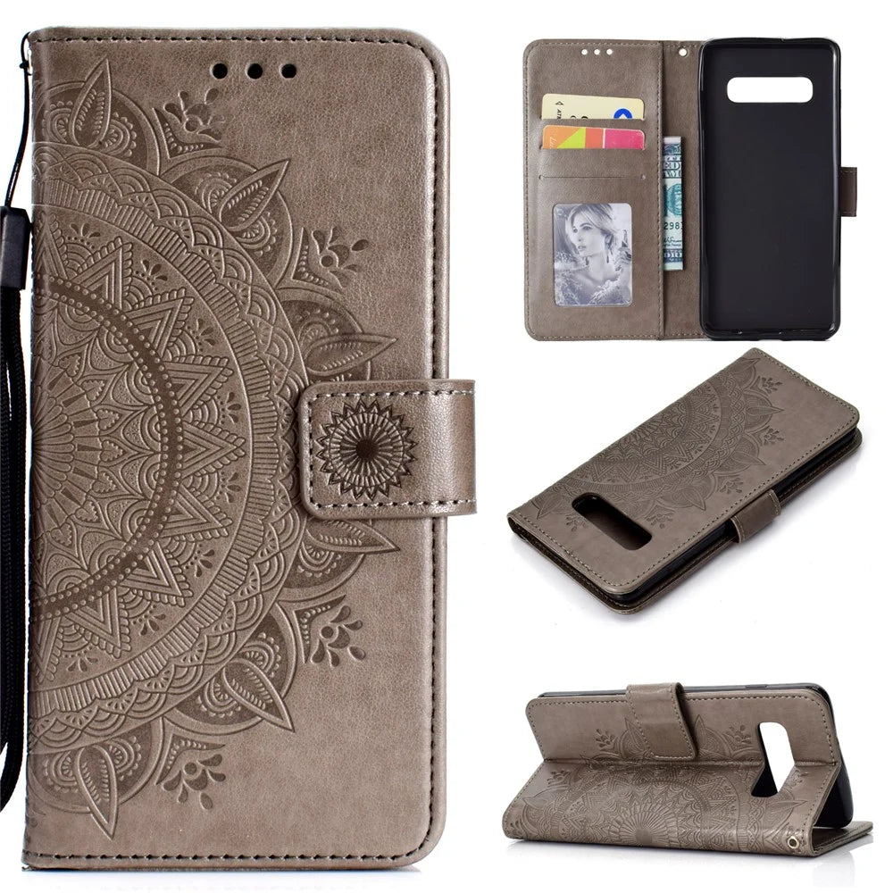 Imprinted Mandala Pattern [Wallet Stand] Leather Case for Samsung Galaxy S10 Plus - Grey - 1