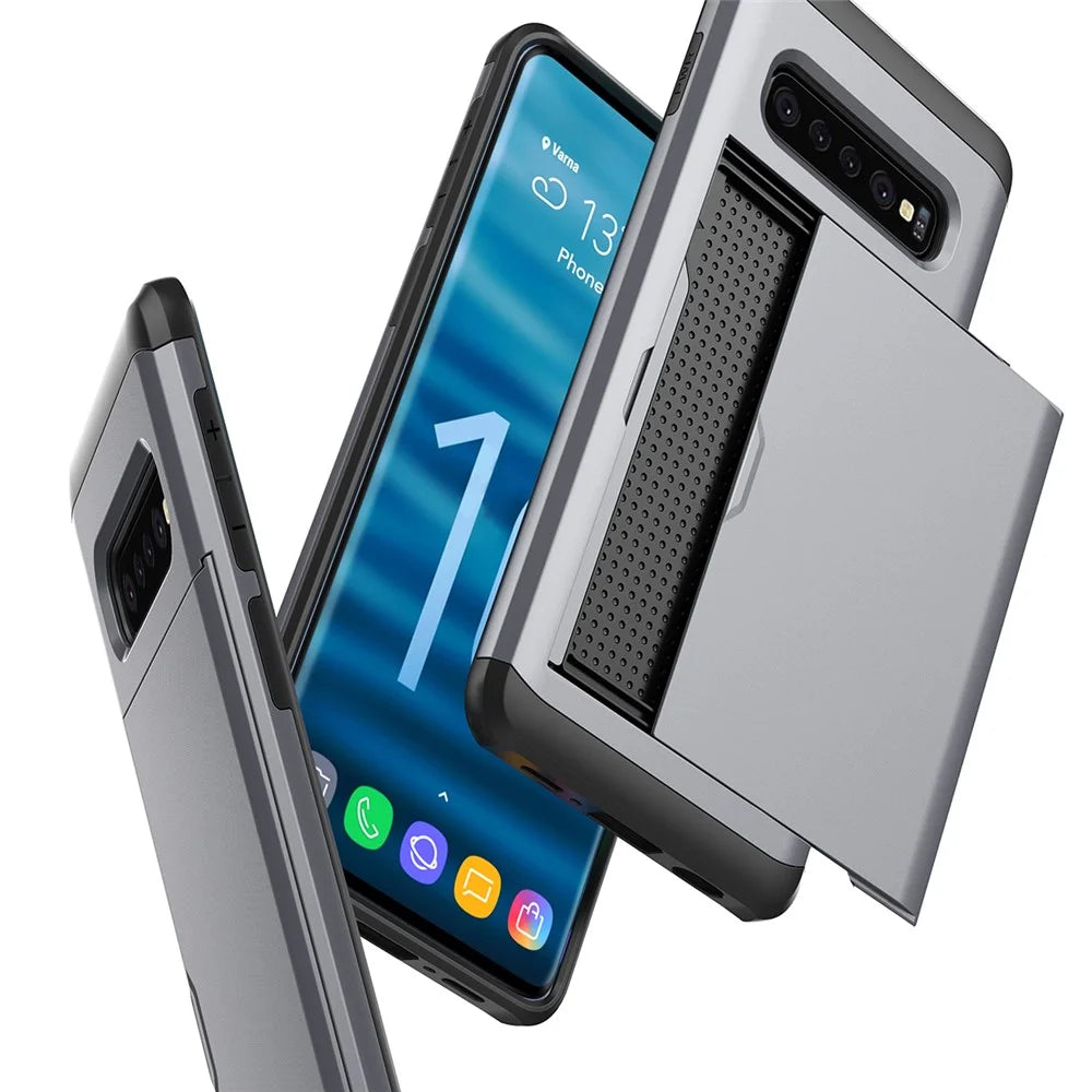 For Samsung Galaxy S10 Slide Card Holder Hybrid PC + TPU Phone Case - Silver - 4