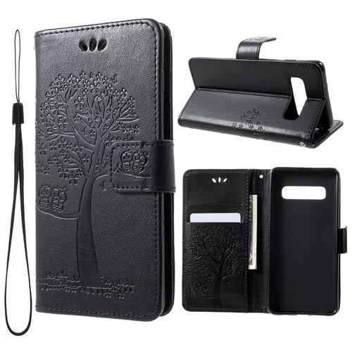 Imprint Tree Owl Pattern PU Leather Wallet Case for Samsung Galaxy S10 - Black - 1