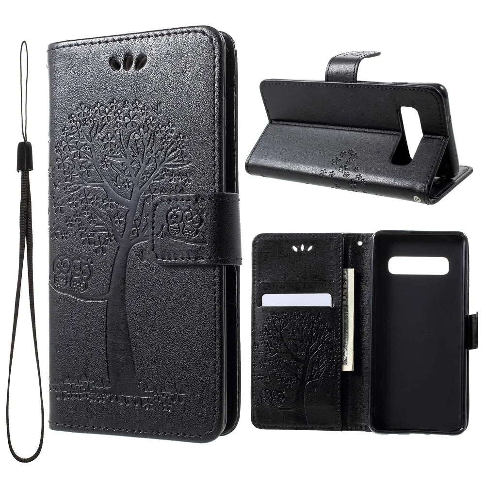 Imprint Tree Owl Pattern PU Leather Wallet Case for Samsung Galaxy S10 - Black - 1