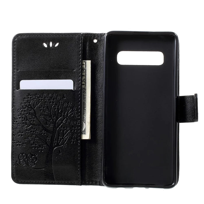 Imprint Tree Owl Pattern PU Leather Wallet Case for Samsung Galaxy S10 - Black - 5
