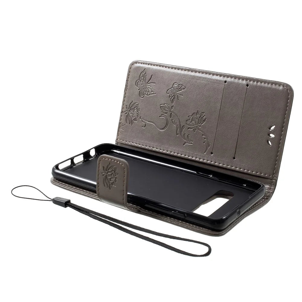 Imprint Butterfly Flower Wallet Leather Cover for Samsung Galaxy S10 - Grey - 5