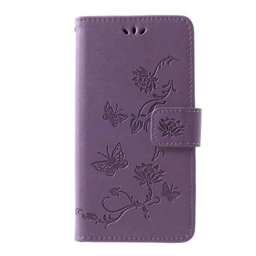 Imprint Butterfly Flower Wallet Stand Leather Flip Case for Samsung Galaxy S10 Plus - Light Purple - 1