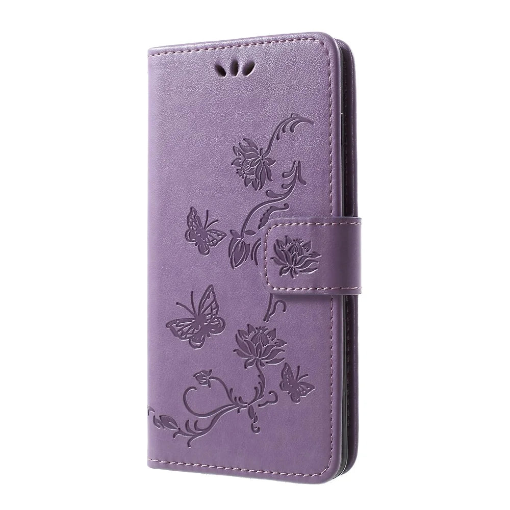 Imprint Butterfly Flower Wallet Stand Leather Flip Case for Samsung Galaxy S10 Plus - Light Purple - 2