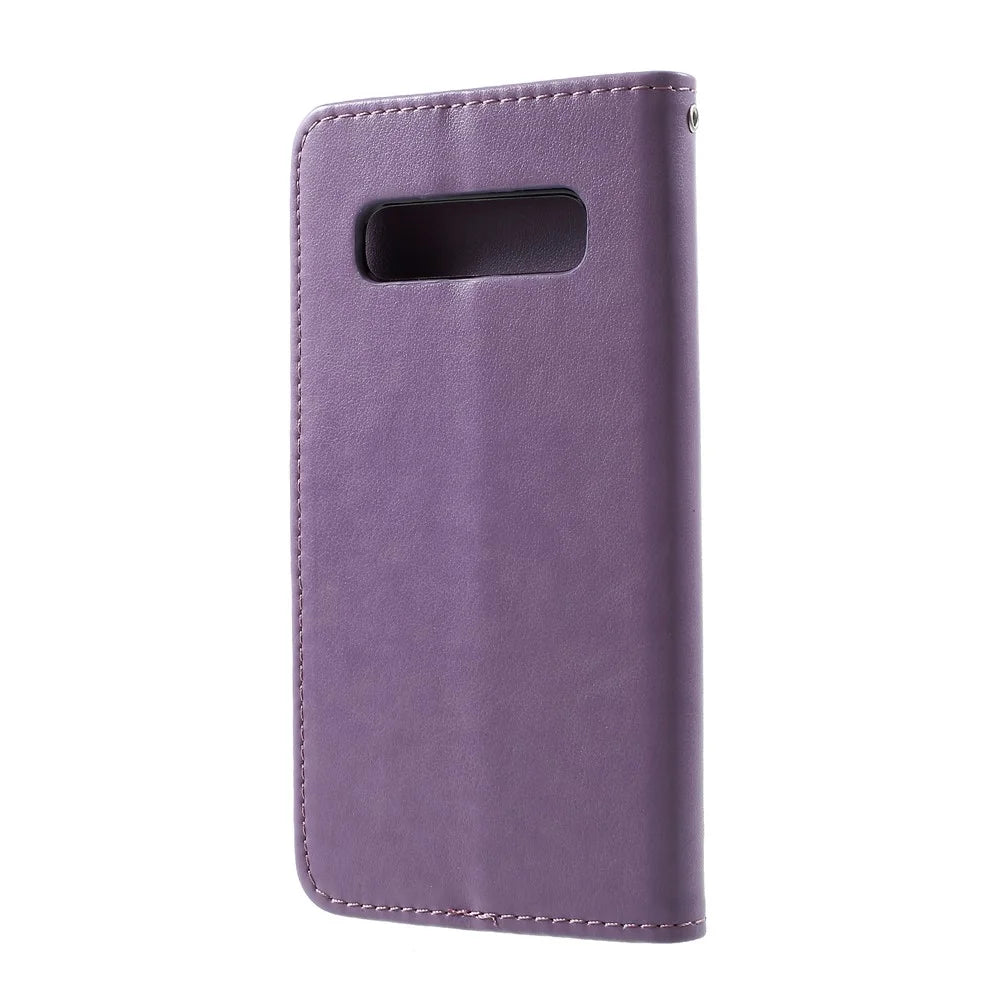 Imprint Butterfly Flower Wallet Stand Leather Flip Case for Samsung Galaxy S10 Plus - Light Purple - 3