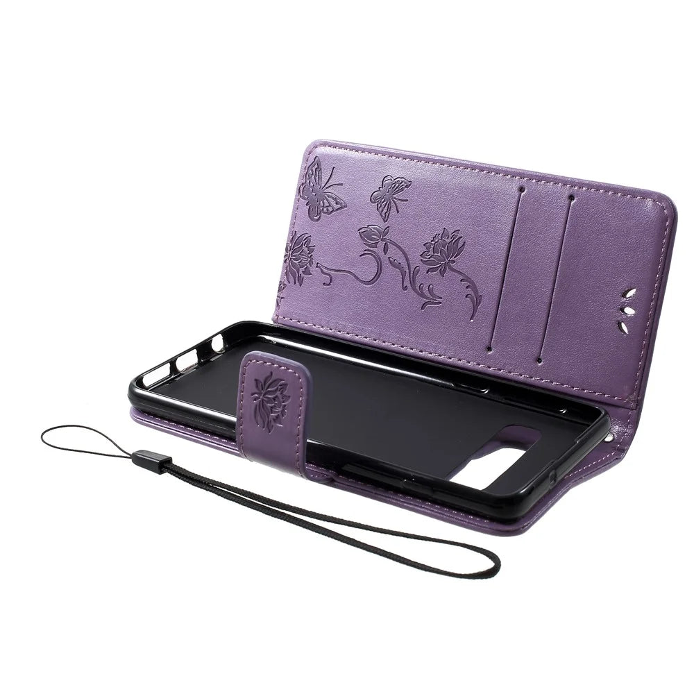 Imprint Butterfly Flower Wallet Stand Leather Flip Case for Samsung Galaxy S10 Plus - Light Purple - 5