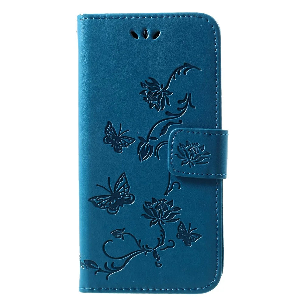 Imprint Butterfly Flower Wallet Stand Leather Cell Phone Case for Samsung Galaxy S10e - Blue - 1
