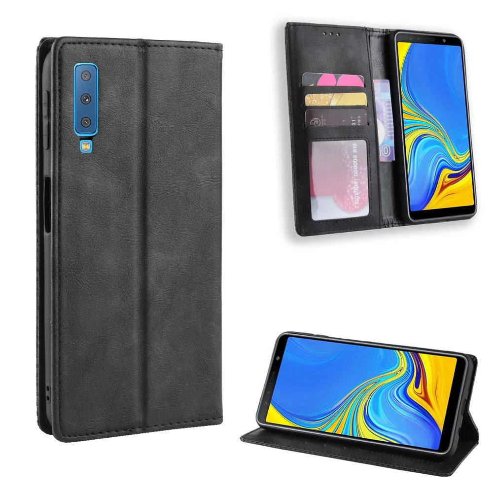 Vintage Style Leather Wallet Cover for Samsung Galaxy A7 (2018) - Black - 1
