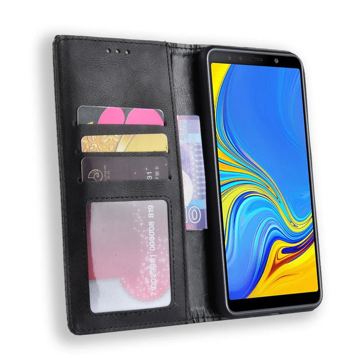 Vintage Style Leather Wallet Cover for Samsung Galaxy A7 (2018) - Black - 6
