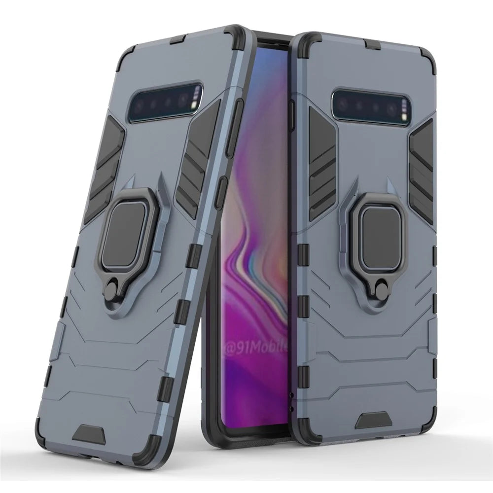 Finger Ring Kickstand PC + TPU Hybrid Phone Cover for Samsung Galaxy S10 Plus - Dark Blue - 1