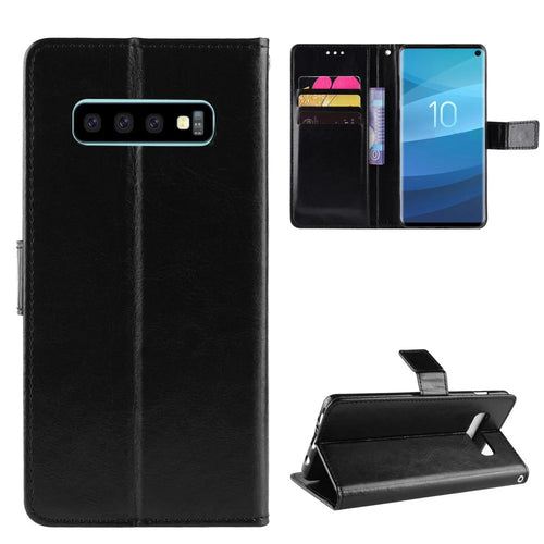 Crazy Horse Stand Leather Flip Case with Strap for Samsung Galaxy S10 - Black - 1