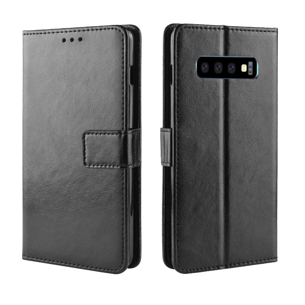 Crazy Horse Stand Leather Flip Case with Strap for Samsung Galaxy S10 - Black - 2