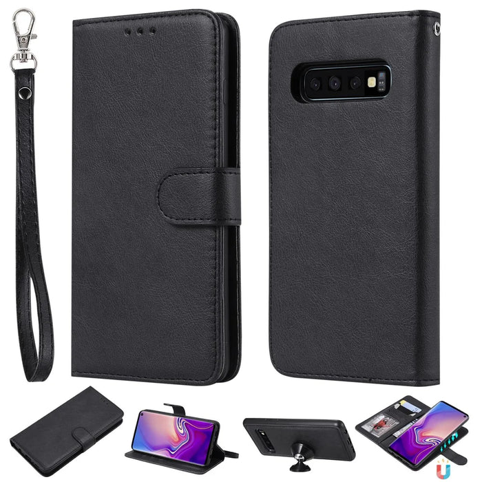 For Samsung Galaxy S10 Case 2 in 1 Detachable Magnetic Leather Wallet Mobile Cover with Strap - Black - 1