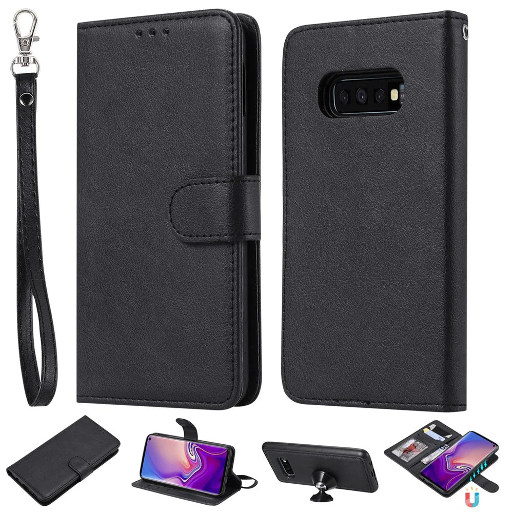 For Samsung Galaxy S10e Case 2 in 1 Detachable Magnetic Leather Wallet Mobile Cover with Strap - Black - 1