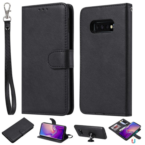 For Samsung Galaxy S10e Case 2 in 1 Detachable Magnetic Leather Wallet Mobile Cover with Strap - Black - 1
