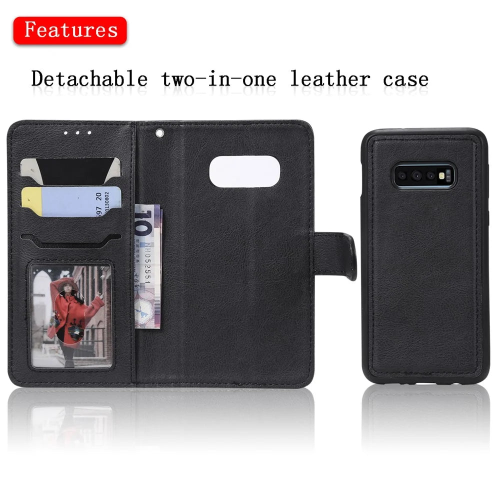 For Samsung Galaxy S10e Case 2 in 1 Detachable Magnetic Leather Wallet Mobile Cover with Strap - Black - 5