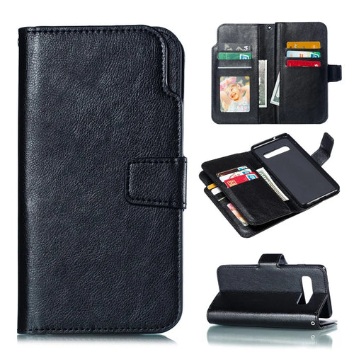[9 Card Slots] Crazy Horse Leather Wallet Shell for Samsung Galaxy S10 - Black - 1