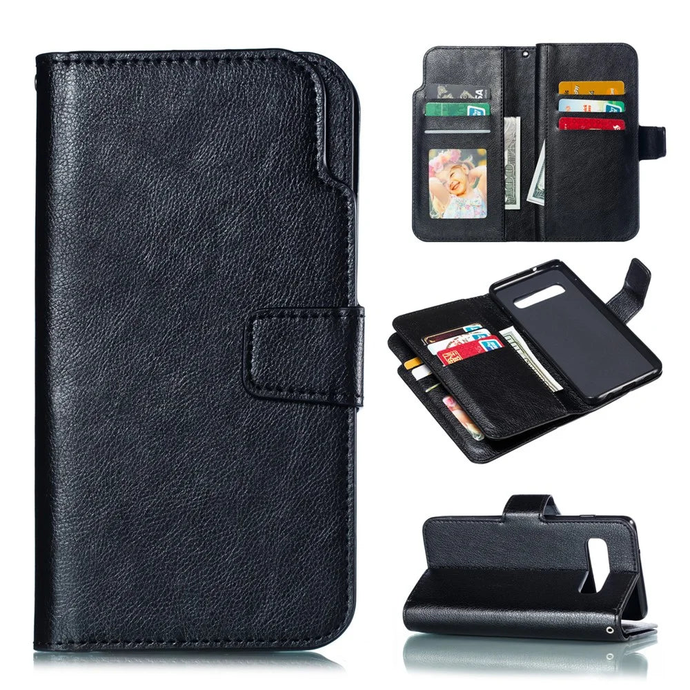 [9 Card Slots] Crazy Horse Leather Wallet Shell for Samsung Galaxy S10 - Black - 1