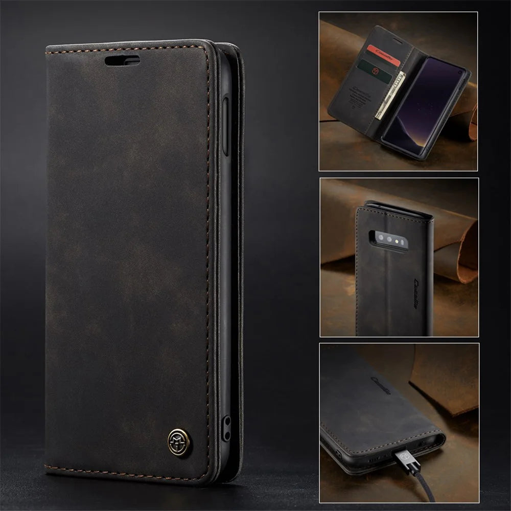 CASEME 013 Series for Samsung Galaxy S10e PU Leather Case [Auto-absorbed] [Wallet Stand] - Black - 1