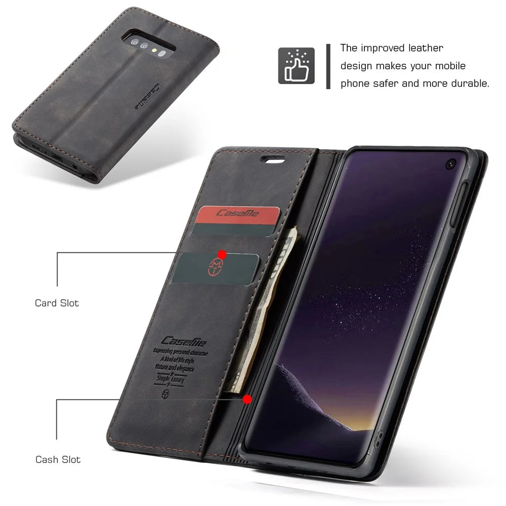 CASEME 013 Series for Samsung Galaxy S10e PU Leather Case [Auto-absorbed] [Wallet Stand] - Black - 6