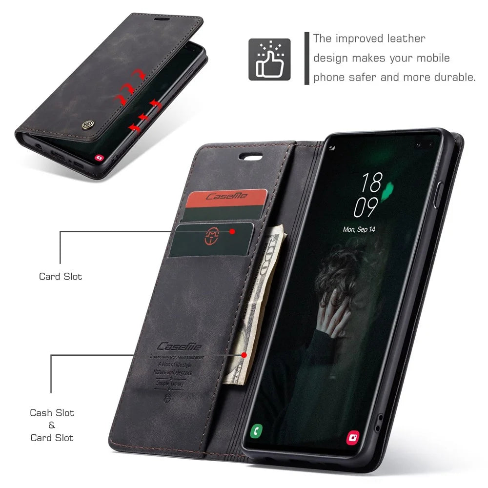 CASEME 013 Series PU Leather Case [Auto-absorbed] [Wallet Stand] for Samsung Galaxy S10 Plus - Black - 5