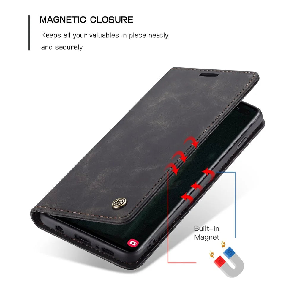 CASEME 013 Series PU Leather Case [Auto-absorbed] [Wallet Stand] for Samsung Galaxy S10 Plus - Black - 6