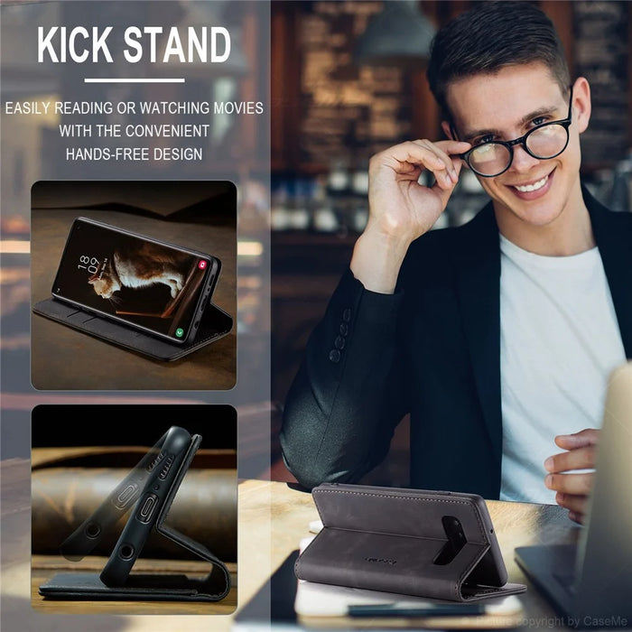 CASEME 013 Series for Samsung Galaxy S10 PU Leather Case [Auto-absorbed] [Wallet Stand] - Black - 7
