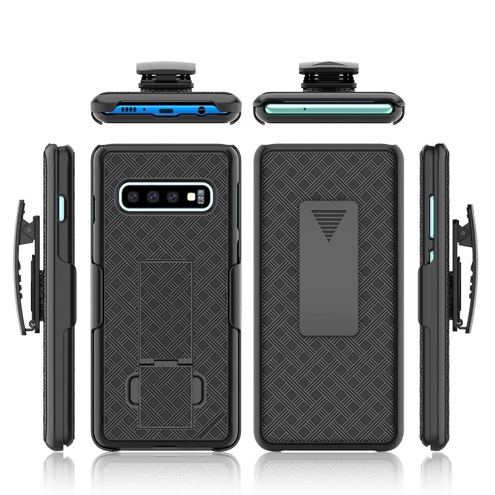 For Samsung Galaxy S10 Plus Swivel Belt Clip Kickstand Holster PC TPU Hybrid Cover [Woven Texture ] - Black - 1