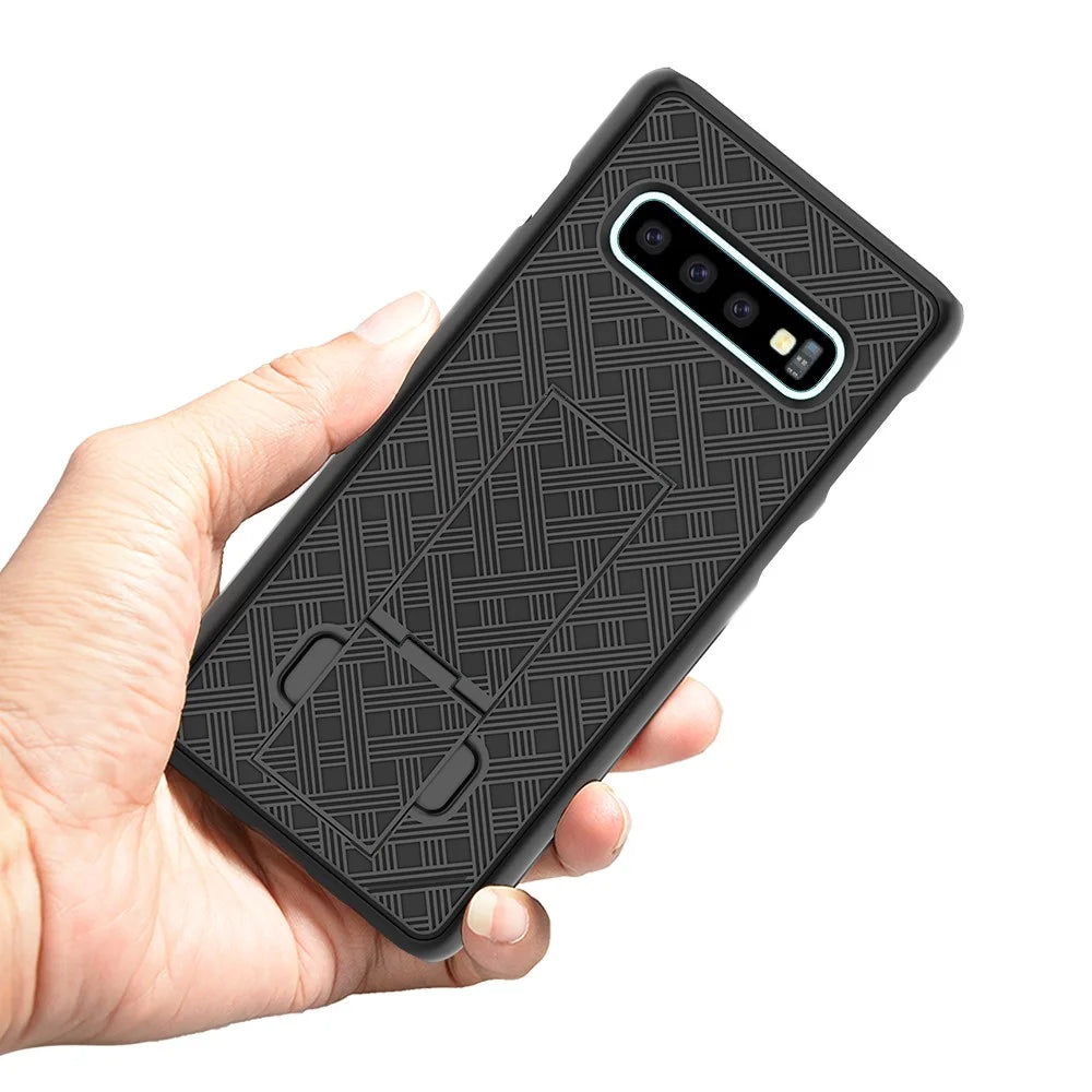 For Samsung Galaxy S10 Plus Swivel Belt Clip Kickstand Holster PC TPU Hybrid Cover [Woven Texture ] - Black - 2