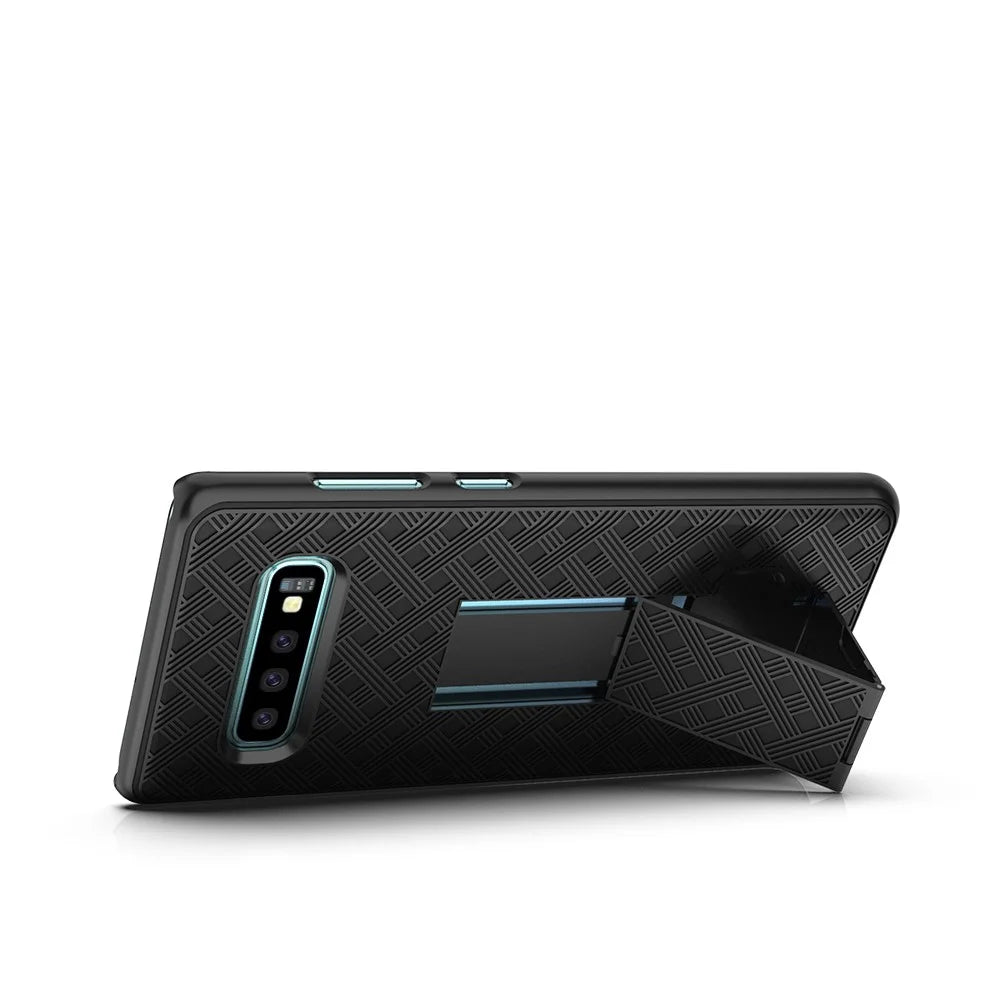 For Samsung Galaxy S10 Plus Swivel Belt Clip Kickstand Holster PC TPU Hybrid Cover [Woven Texture ] - Black - 3