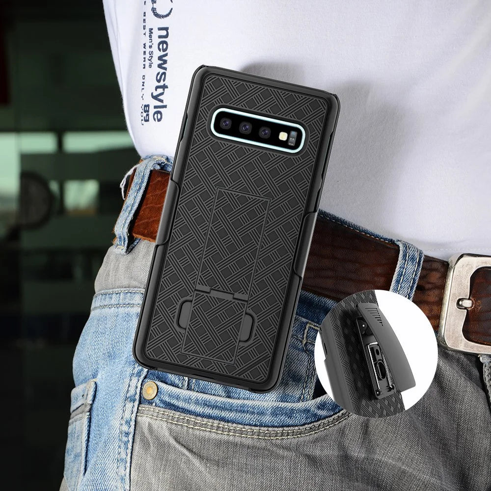 For Samsung Galaxy S10 Plus Swivel Belt Clip Kickstand Holster PC TPU Hybrid Cover [Woven Texture ] - Black - 4