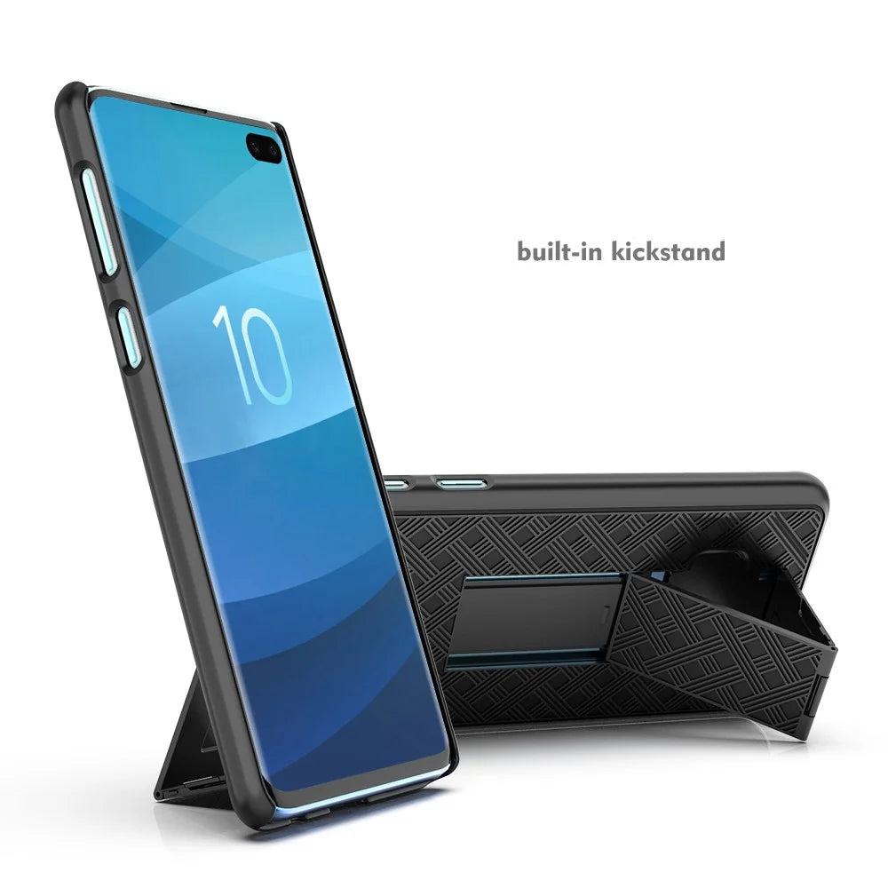 For Samsung Galaxy S10 Plus Swivel Belt Clip Kickstand Holster PC TPU Hybrid Cover [Woven Texture ] - Black - 5