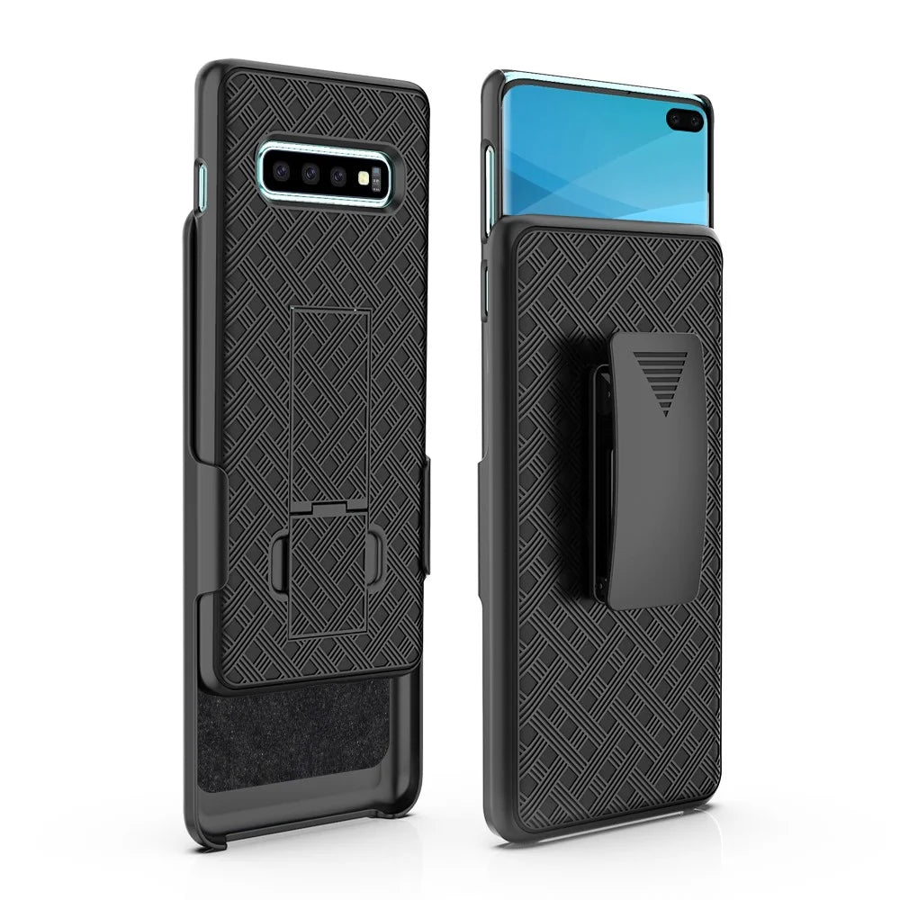 For Samsung Galaxy S10 Plus Swivel Belt Clip Kickstand Holster PC TPU Hybrid Cover [Woven Texture ] - Black - 6