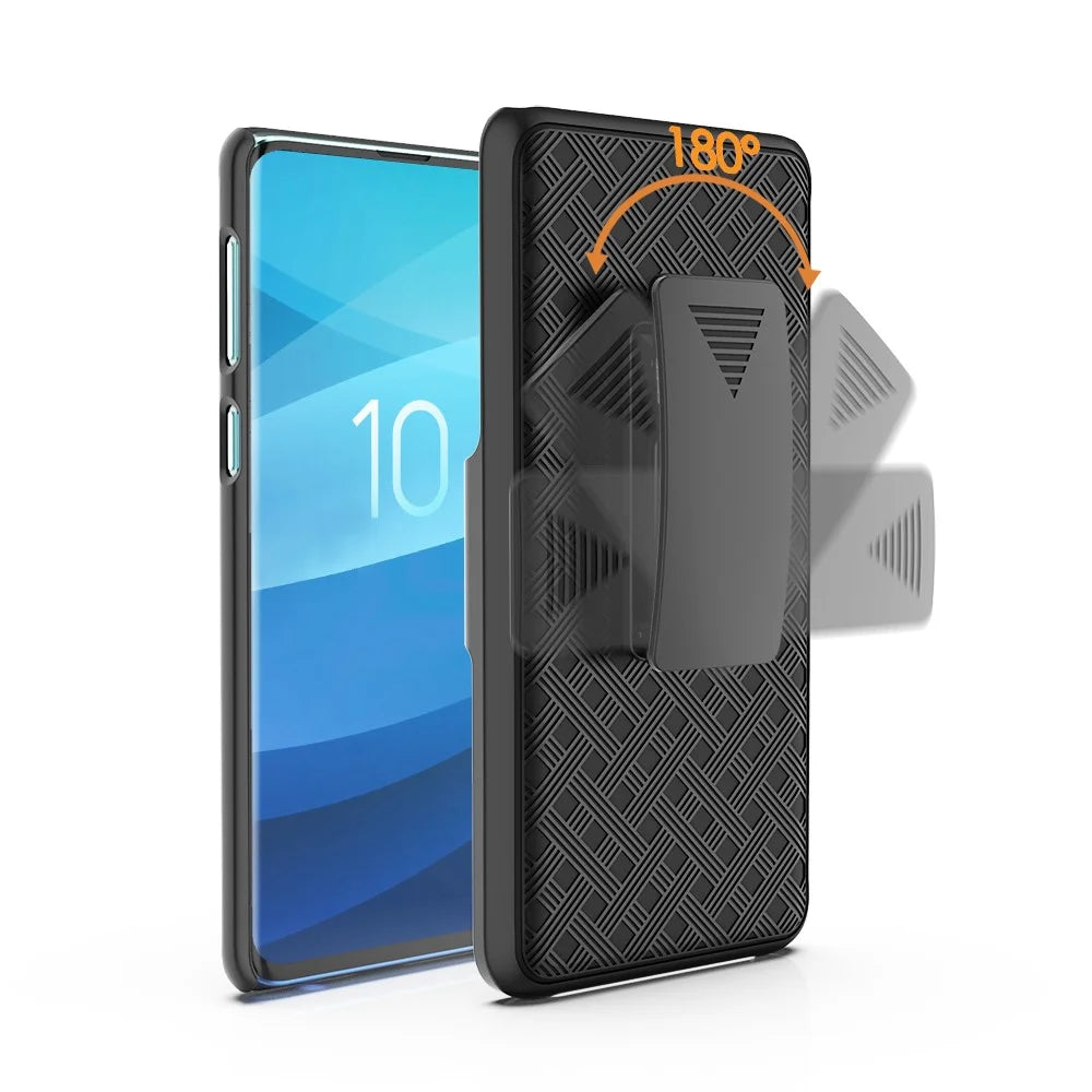 For Samsung Galaxy S10 Plus Swivel Belt Clip Kickstand Holster PC TPU Hybrid Cover [Woven Texture ] - Black - 7