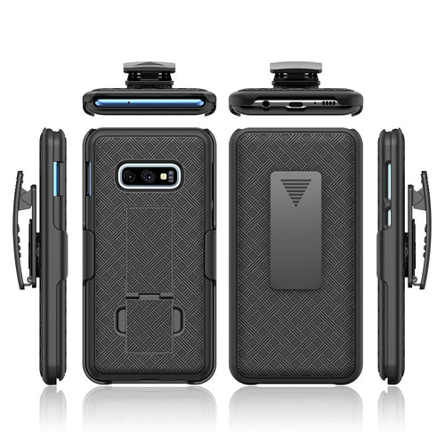 For Samsung Galaxy S10e Woven Texture Swivel Belt Clip Holster PC + TPU Hybrid Case - Black - 1