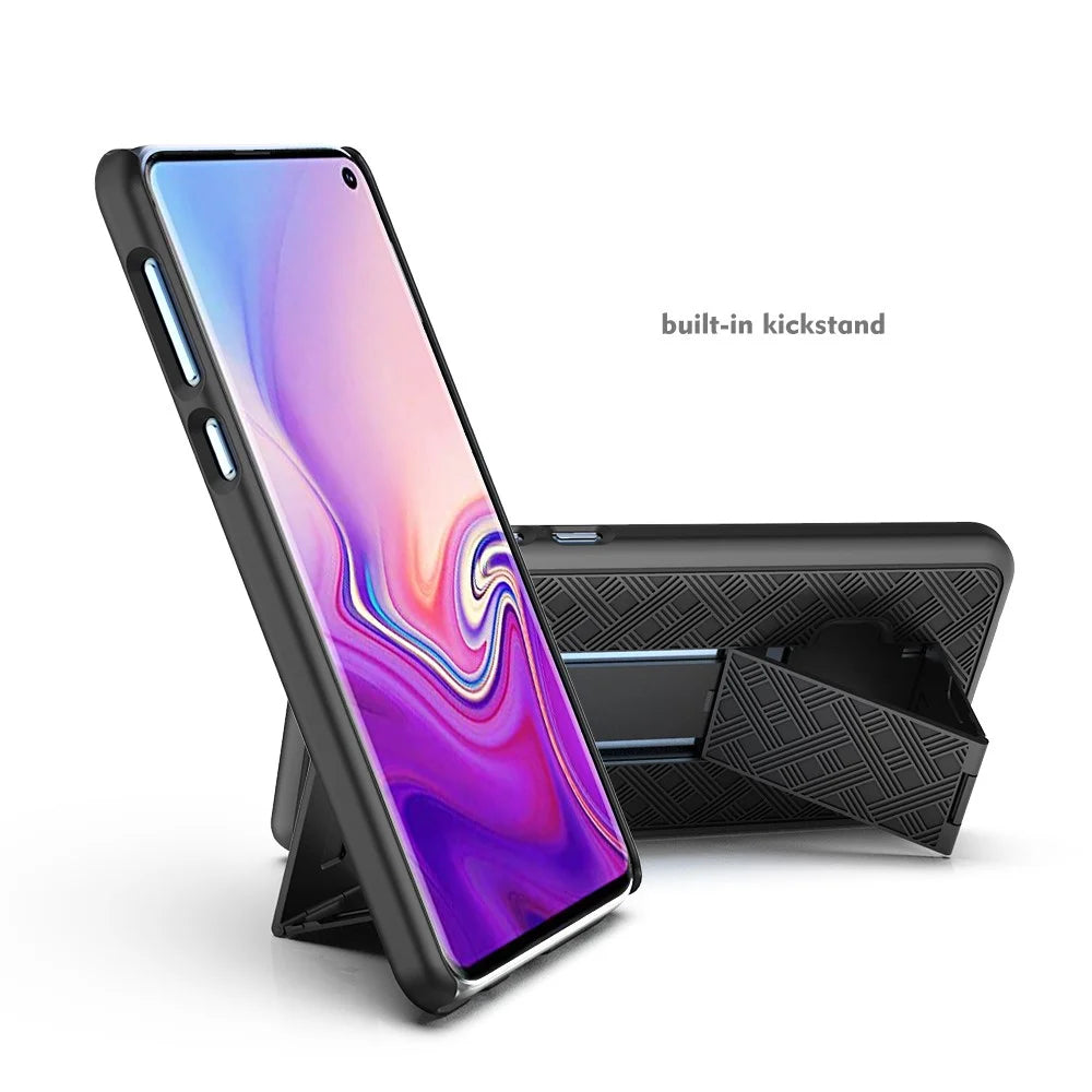 For Samsung Galaxy S10e Woven Texture Swivel Belt Clip Holster PC + TPU Hybrid Case - Black - 2