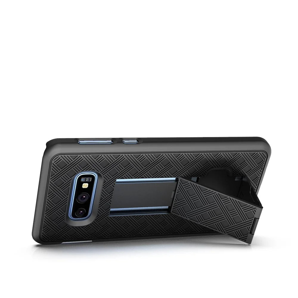 For Samsung Galaxy S10e Woven Texture Swivel Belt Clip Holster PC + TPU Hybrid Case - Black - 3
