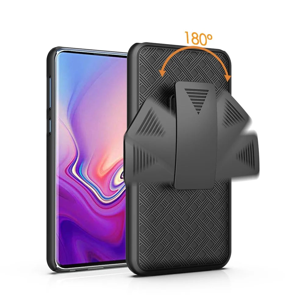 For Samsung Galaxy S10e Woven Texture Swivel Belt Clip Holster PC + TPU Hybrid Case - Black - 5
