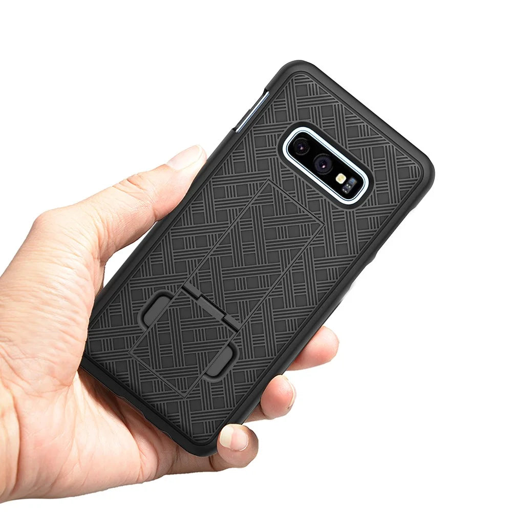 For Samsung Galaxy S10e Woven Texture Swivel Belt Clip Holster PC + TPU Hybrid Case - Black - 6