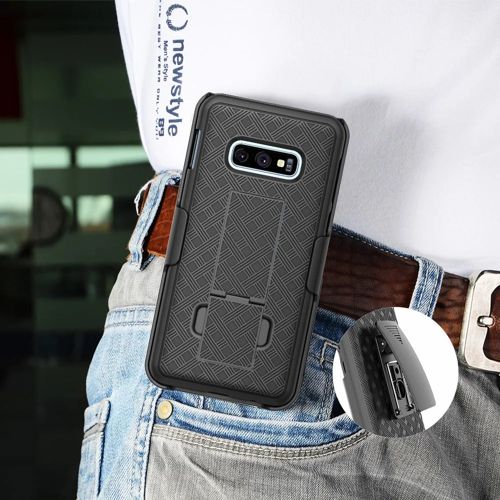 For Samsung Galaxy S10e Woven Texture Swivel Belt Clip Holster PC + TPU Hybrid Case - Black - 7