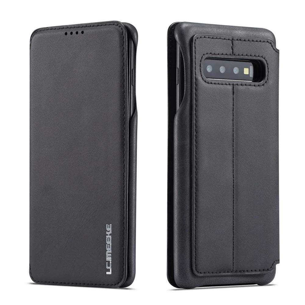 LC.IMEEKE Retro Style Leather Card Holder Case for Samsung Galaxy S10 - Black - 1