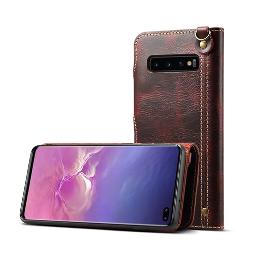 Genuine Wallet Leather Phone Cover with Lanyard for Samsung Galaxy S10 Plus - Wine Red - 1