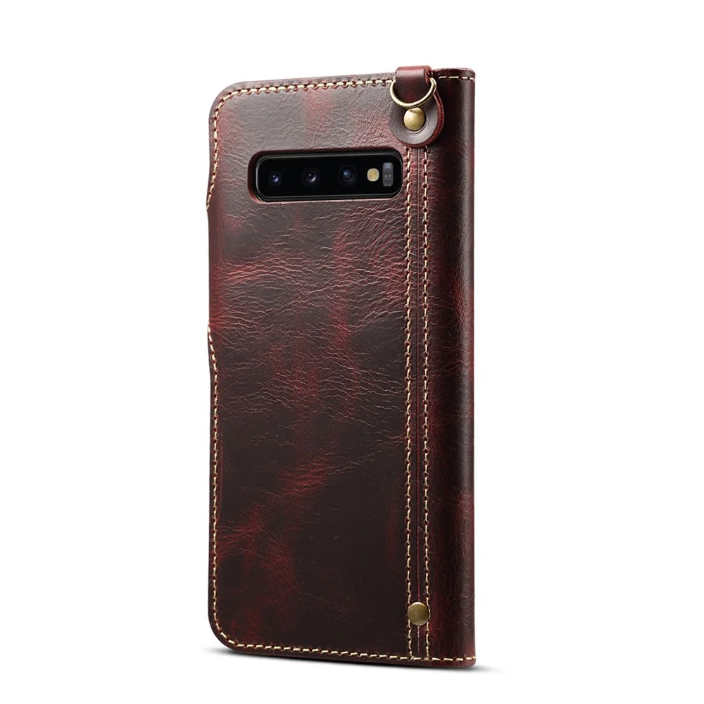 Genuine Wallet Leather Phone Cover with Lanyard for Samsung Galaxy S10 Plus - Wine Red - 3
