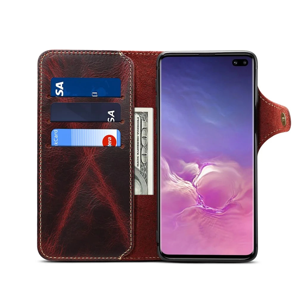 Genuine Wallet Leather Phone Cover with Lanyard for Samsung Galaxy S10 Plus - Wine Red - 4