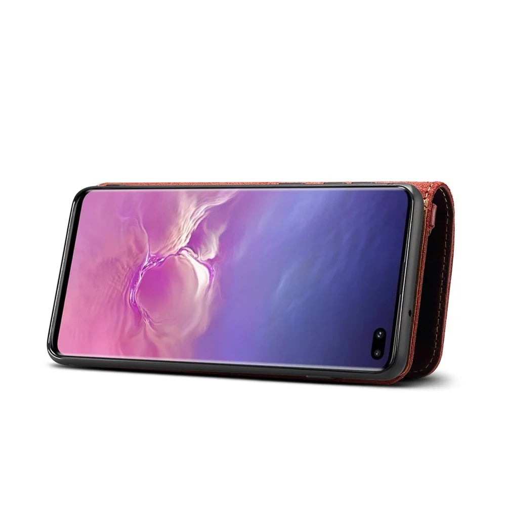 Genuine Wallet Leather Phone Cover with Lanyard for Samsung Galaxy S10 Plus - Wine Red - 5