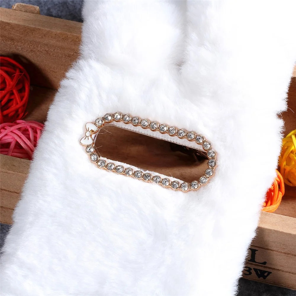 Rabbit Shape Fluffy Fur Coated Rhinestone TPU Case for Samsung Galaxy S10 - White - 3