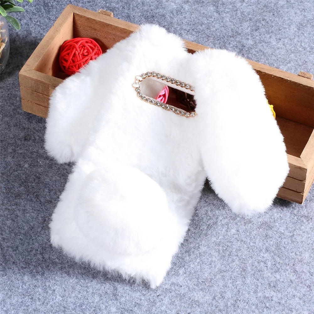Rabbit Shape Fluffy Fur Coated Rhinestone TPU Case for Samsung Galaxy S10 - White - 5