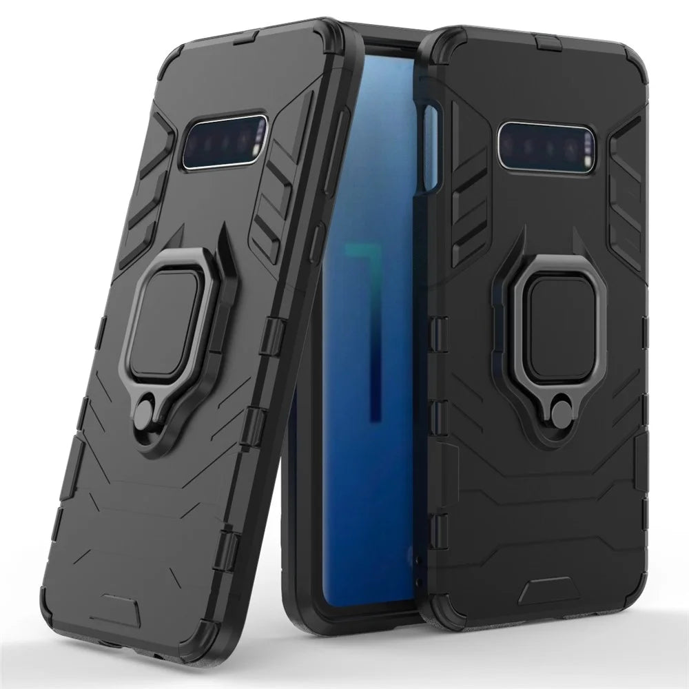 Cool Guard Ring Holder Kickstand PC TPU Hybrid Case for Samsung Galaxy S10e - Black - 1