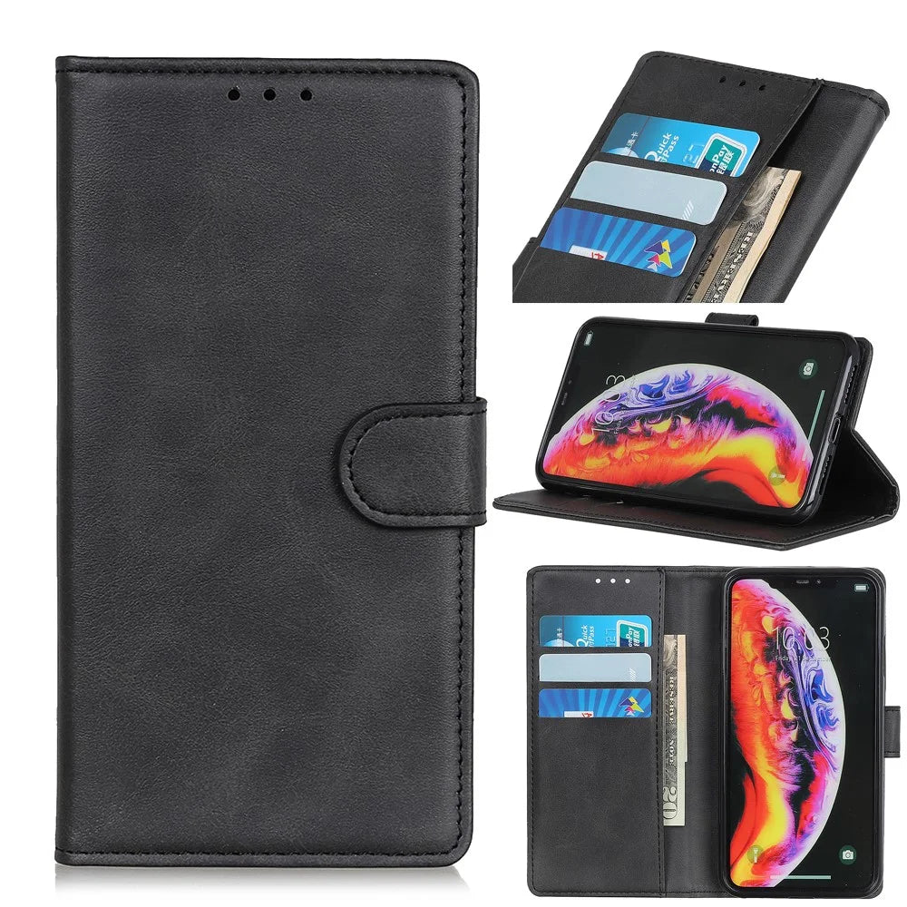 Matte PU Leather Wallet Stand Phone Case for Samsung Galaxy S10 5G - Black - 1