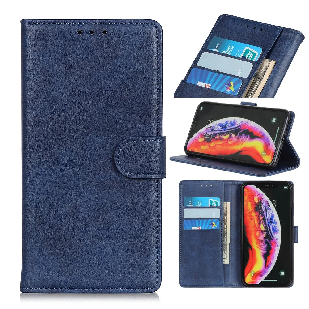 Matte PU Leather Wallet Stand Phone Case for Samsung Galaxy A10 - Blue - 1